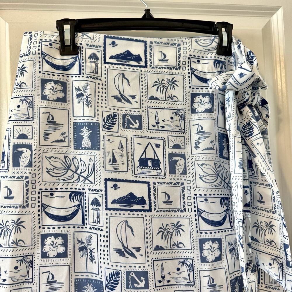 MABLE Womens Medium Wrap Midi Skirt Blue White Tropical Nautical Beach Vacation - Picture 2 of 15